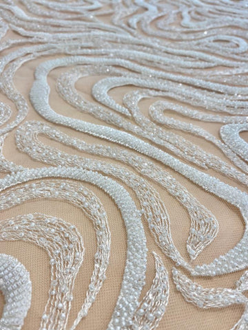 Dantela Ivory cu Model Geometric, cu Perle si Paiete