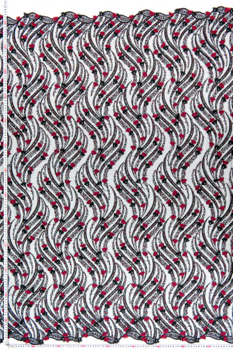 Dantela Neagra cu Model Liniar, cu Perle, Paiete, Margele si Flori 3D