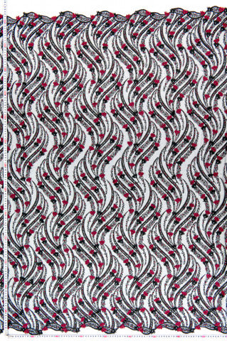 Dantela Neagra cu Model Liniar, cu Perle, Paiete, Margele si Flori 3D