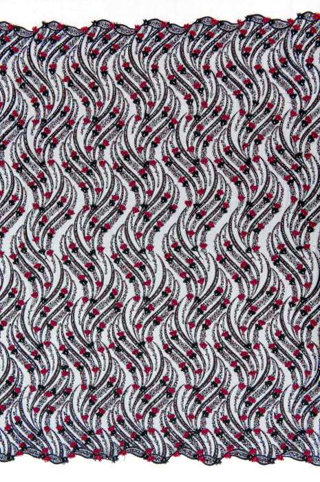 Dantela Neagra cu Model Liniar, cu Perle, Paiete, Margele si Flori 3D